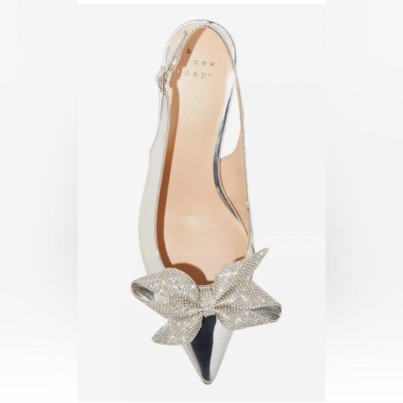 Women's Priscilla Rhinestone Bow Slingback Kitten Heels - A New Day Silver - Picture 3 of 5